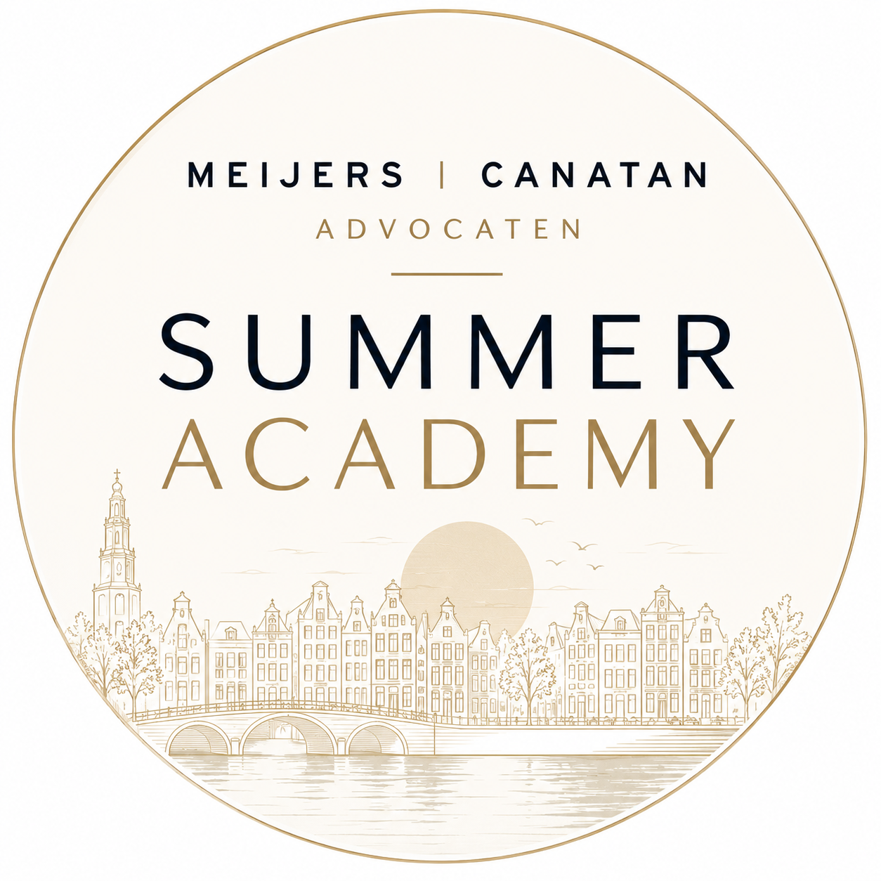 Logo van de Meijers Canatan Advocaten Summer Academy met Amsterdamse grachtenpanden