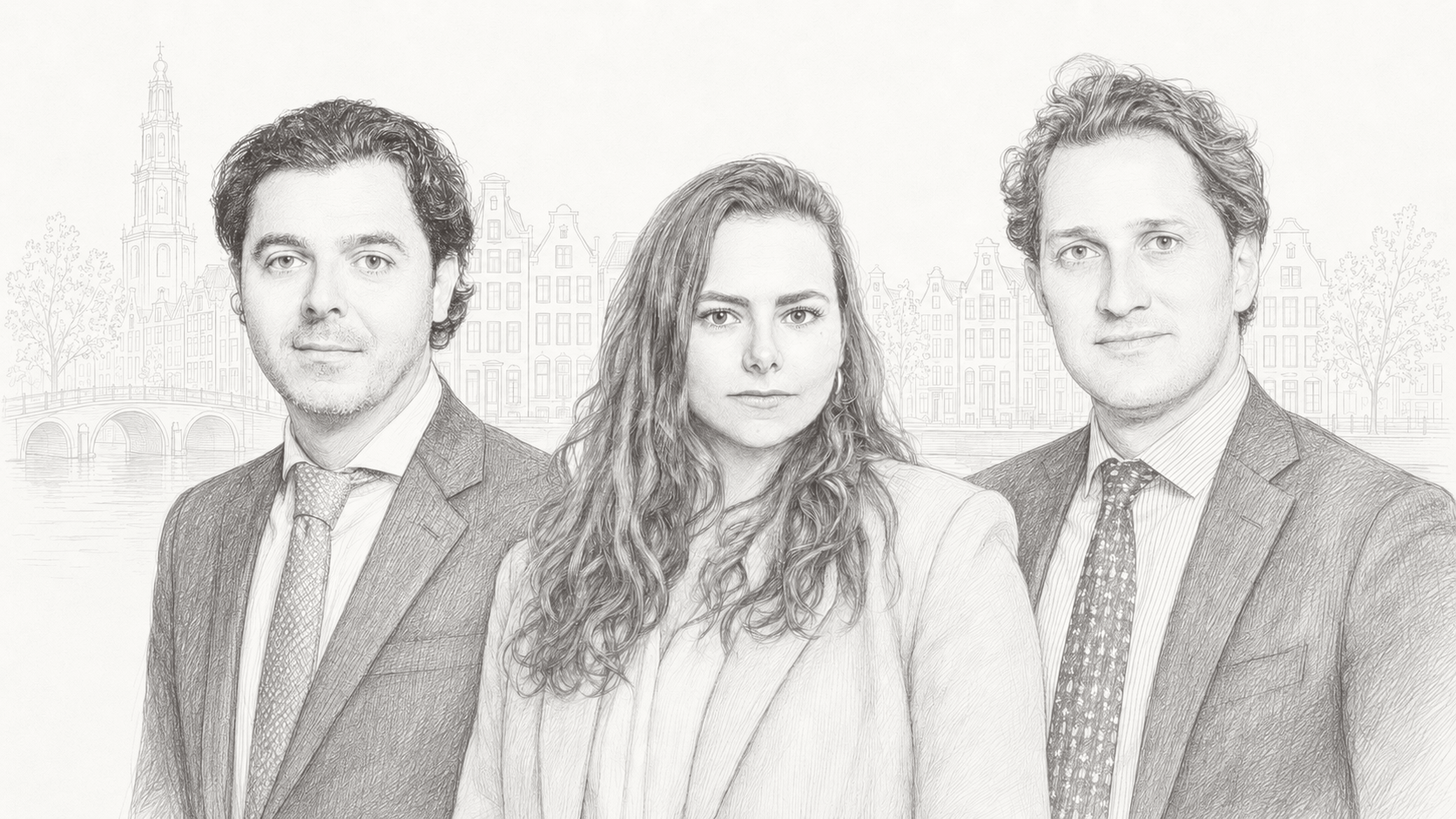 Pentekening van Kerem Canatan, Micha Boucher en Pieter-Paul van Rhijn voor de Amsterdamse grachten